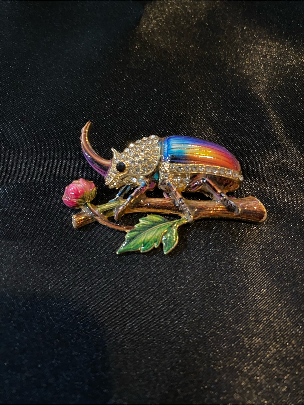 Rainbow Rhinestone Rhinoceros Beetle Brooch - Multicolor